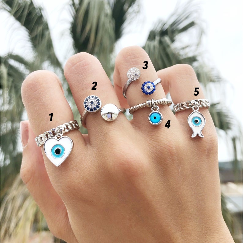 Adjustable Evil Eye Rings, Silver Rings, Zircon Charm Ring, Blue Evil