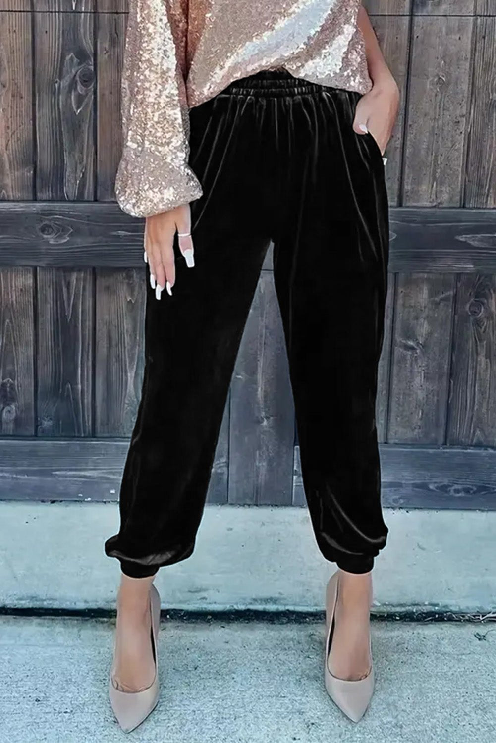 Black Solid Velvet Jogger Pants - Essential Retail Store