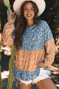 Orange Floral Color Block Patchwork Ruffled Hem Round Neck Blouse - Essential Retail Store