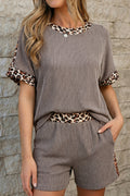 Light Grey Leopard Trim Twist Ribbed Short Set - Essential Retail Store