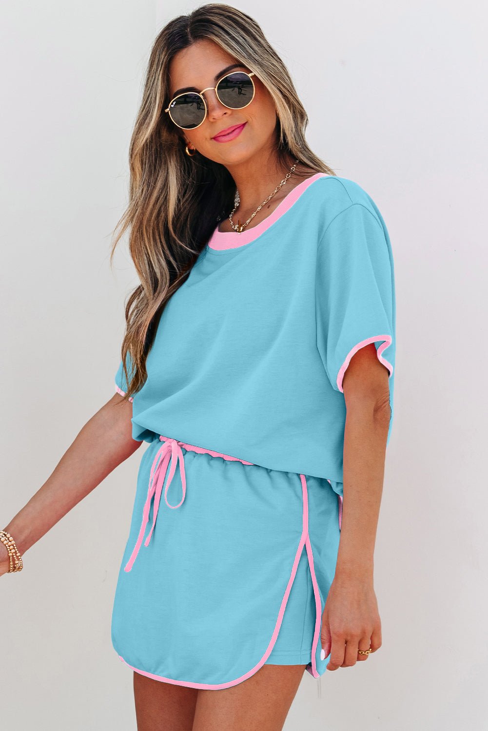 Turquoise Colorblock Edge Drop Shoulder T Shirt and Skort 2Pcs Set - Essential Retail Store