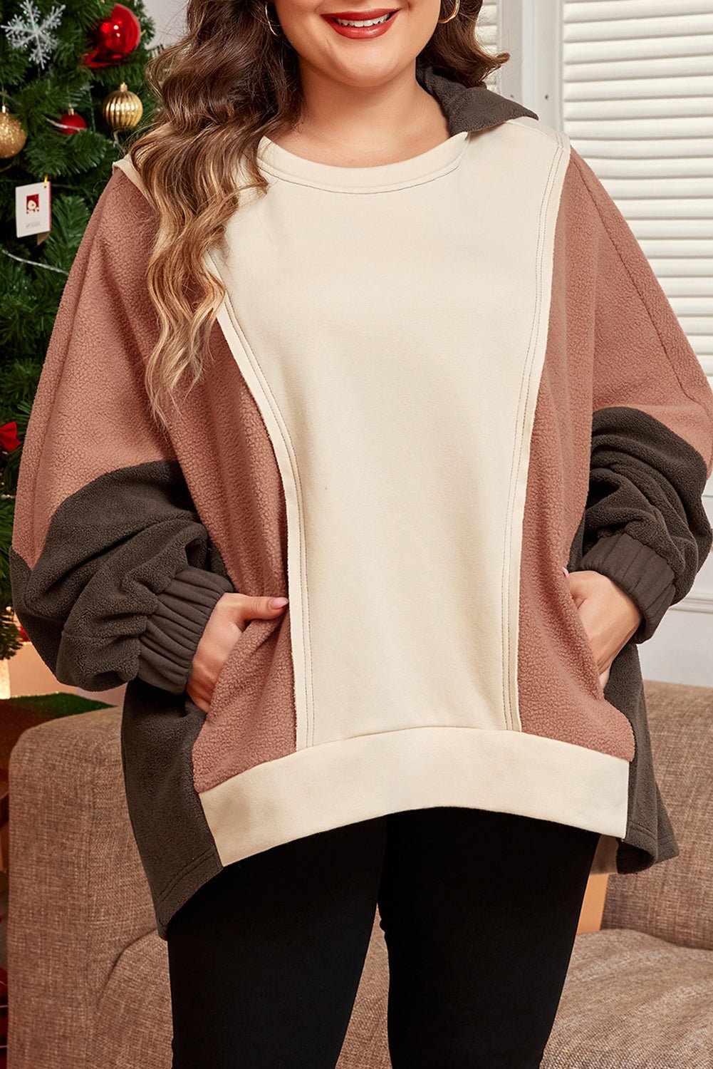 Brown Exposed Seam Colorblock Plus Size Hoodie - Essential Retail Store