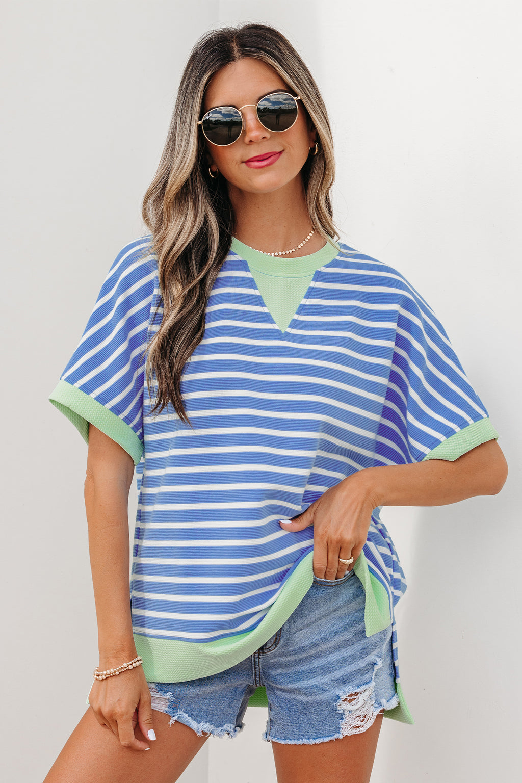 Sky Blue Stripe Contrast Trim Loose Short Sleeve Top - Essential Retail Store