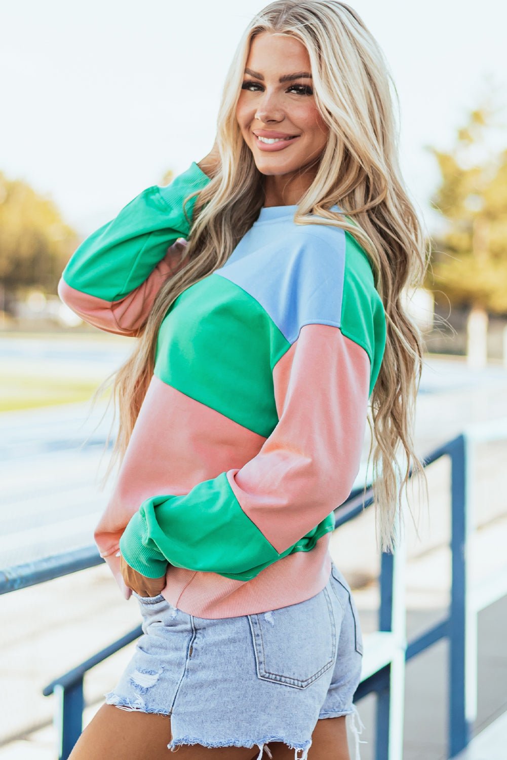 Meadow Mauve Colorblock Patchwork Drop Shoulder Sweatshirt - Essential Retail Store