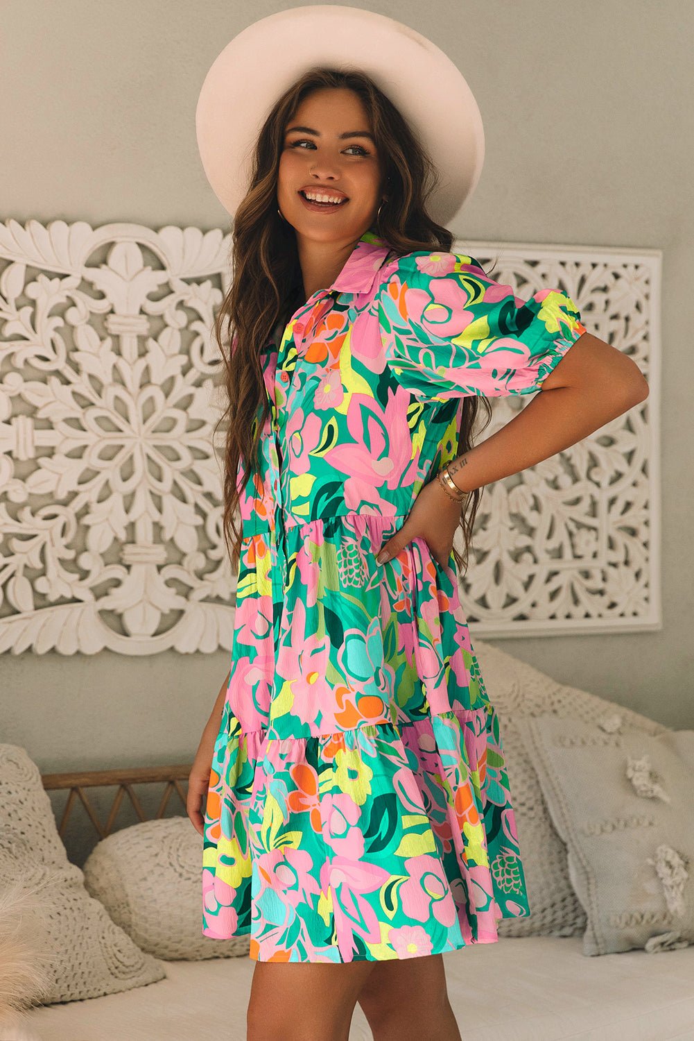 Green Floral Puff Sleeve Collar Buttoned Babydoll Dress - Essential Retail Store