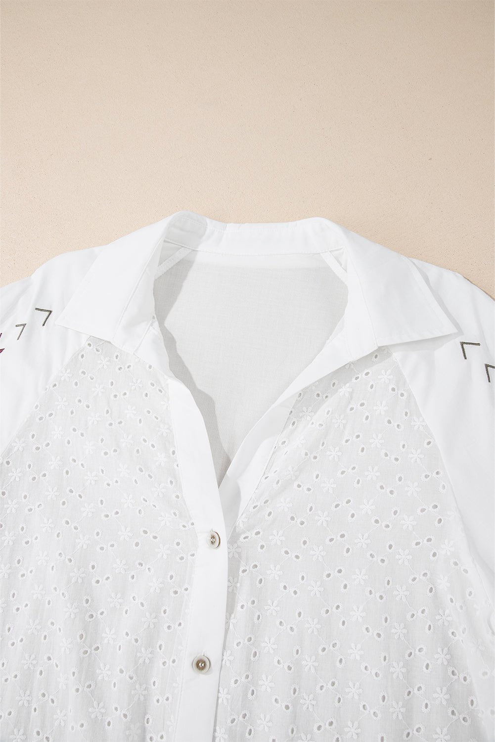 White Floral Embroidered Puff Sleeve Eyelet Patchwork Shirt - Essential Retail Store