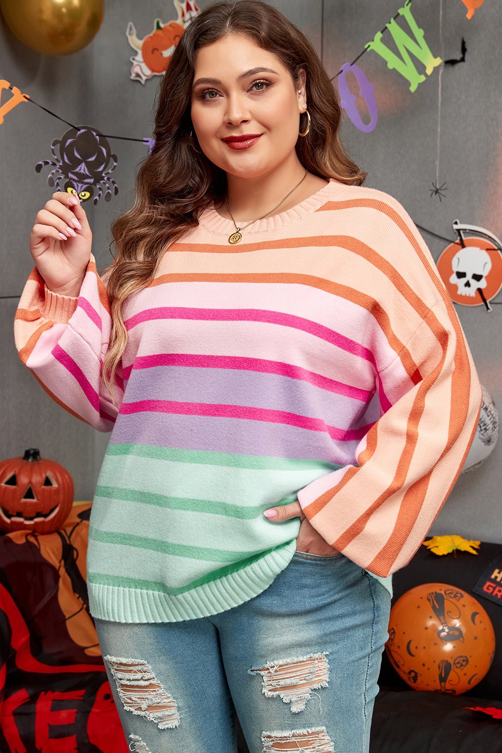 Pink Stripe Color Block Balloon Sleeve Crewneck Plus Size Sweater - Essential Retail Store