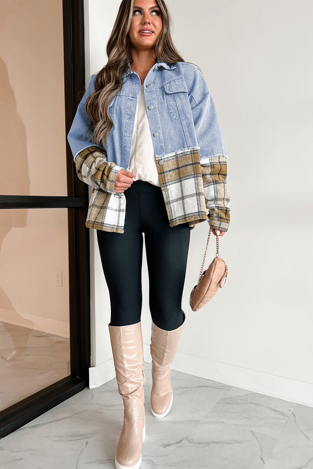 Khaki Plaid Patchwork Buttoned Oversized Denim Jacket - Essential Retail Store