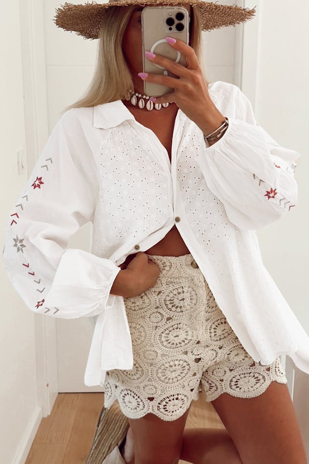 White Floral Embroidered Puff Sleeve Eyelet Patchwork Shirt - Essential Retail Store
