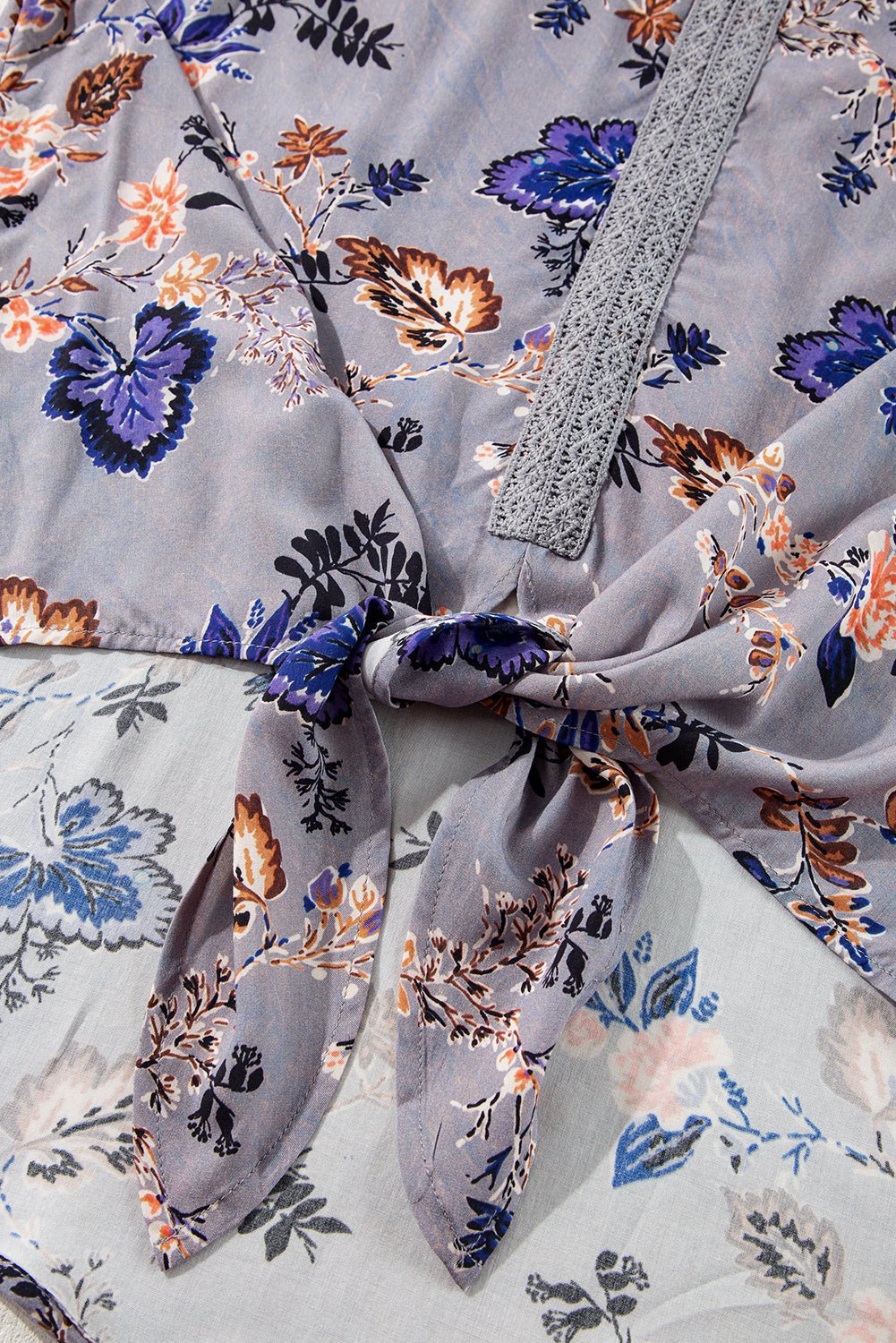 Sky Blue Floral Print Lace Patchwork Knot Front V Neck Blouse - Essential Retail Store