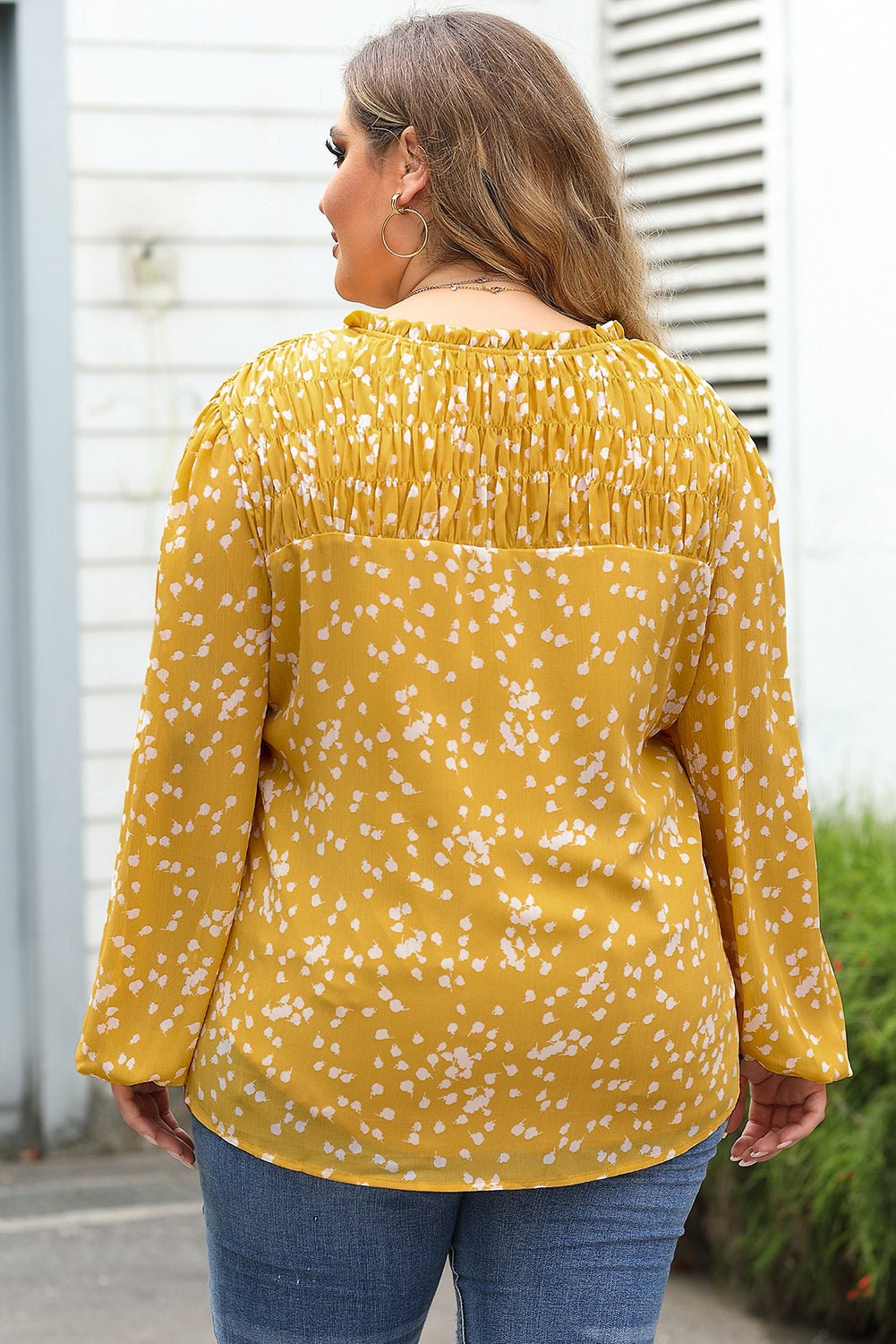 Yellow Plus Size Floral Print Ruched Split Neck Blouse - Essential Retail Store
