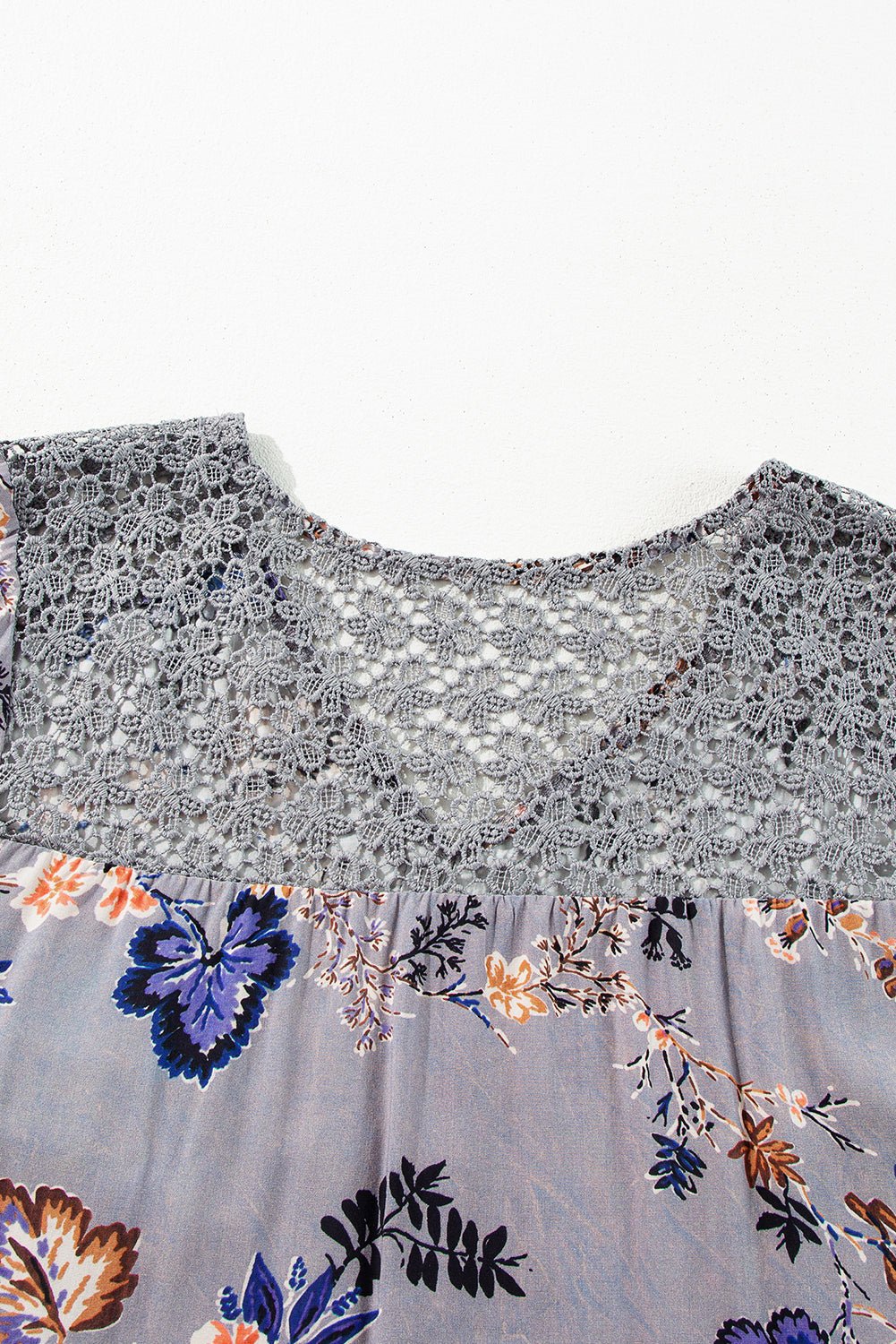 Sky Blue Floral Print Lace Patchwork Knot Front V Neck Blouse - Essential Retail Store