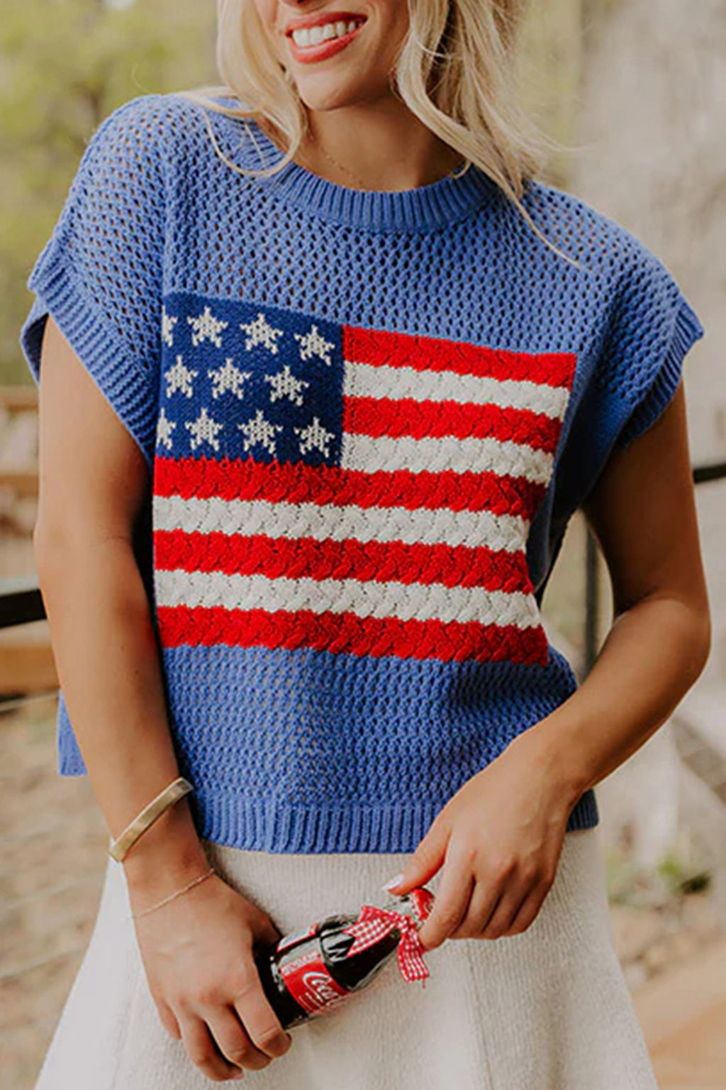 Sky Blue Flag Graphic Short Sleeve Sweater Top - Essential Retail Store