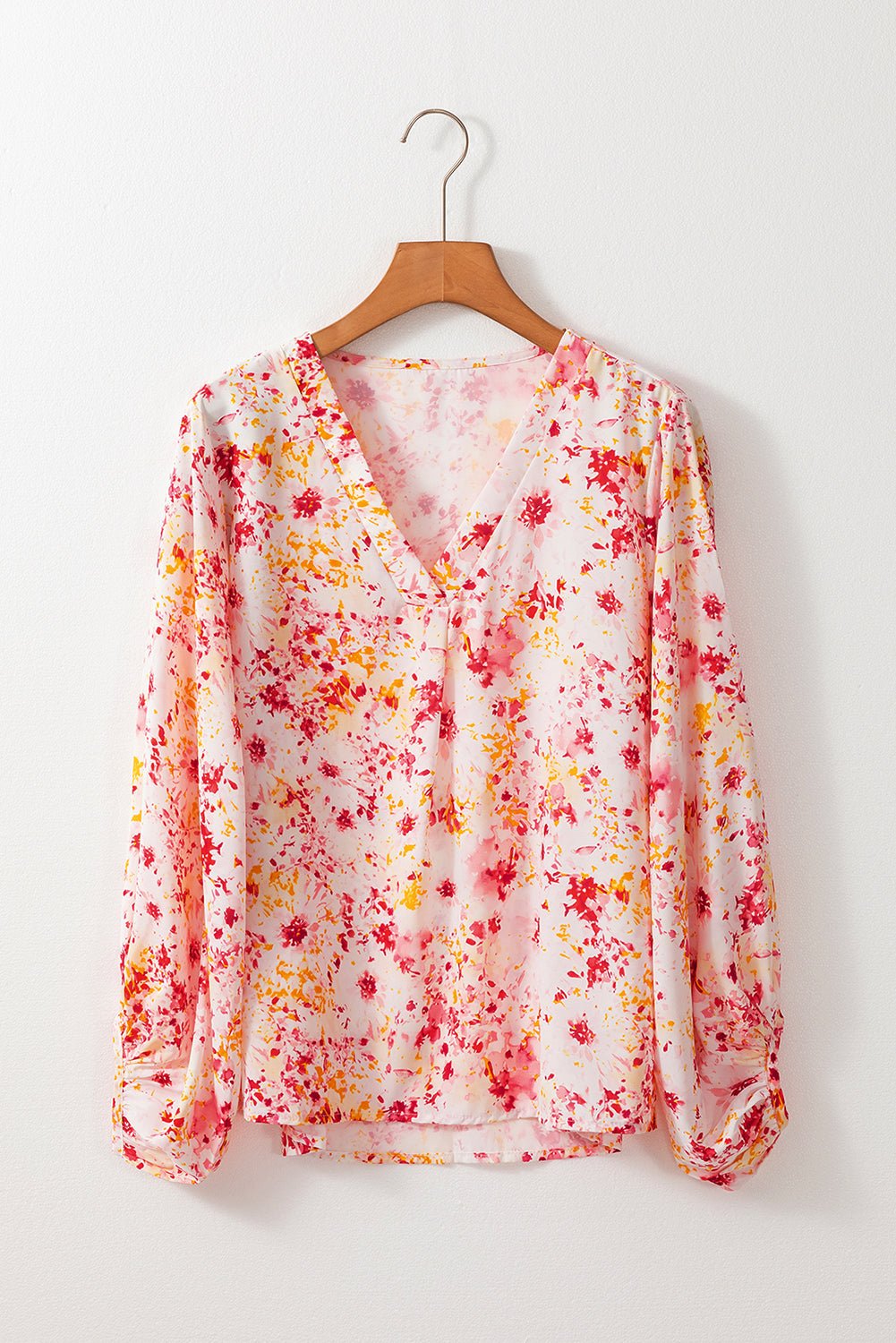 Pink Ditsy Floral Bubble Sleeve V Neck Blouse - Essential Retail Store