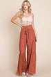 Tie front ruched waist back pants