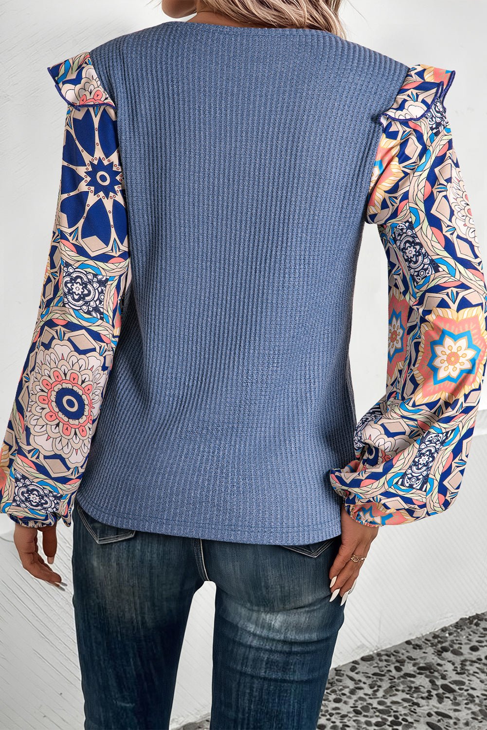 Ashleigh Blue Ruffled Floral Sleeve Patchwork Waffle Knit O Neck Blouse - Essential Retail Store
