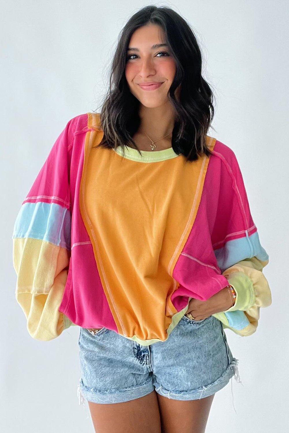 Rose Red Plus Size Colorblock Patchwork Exposed Seam Sweatshirt - Essential Retail Store