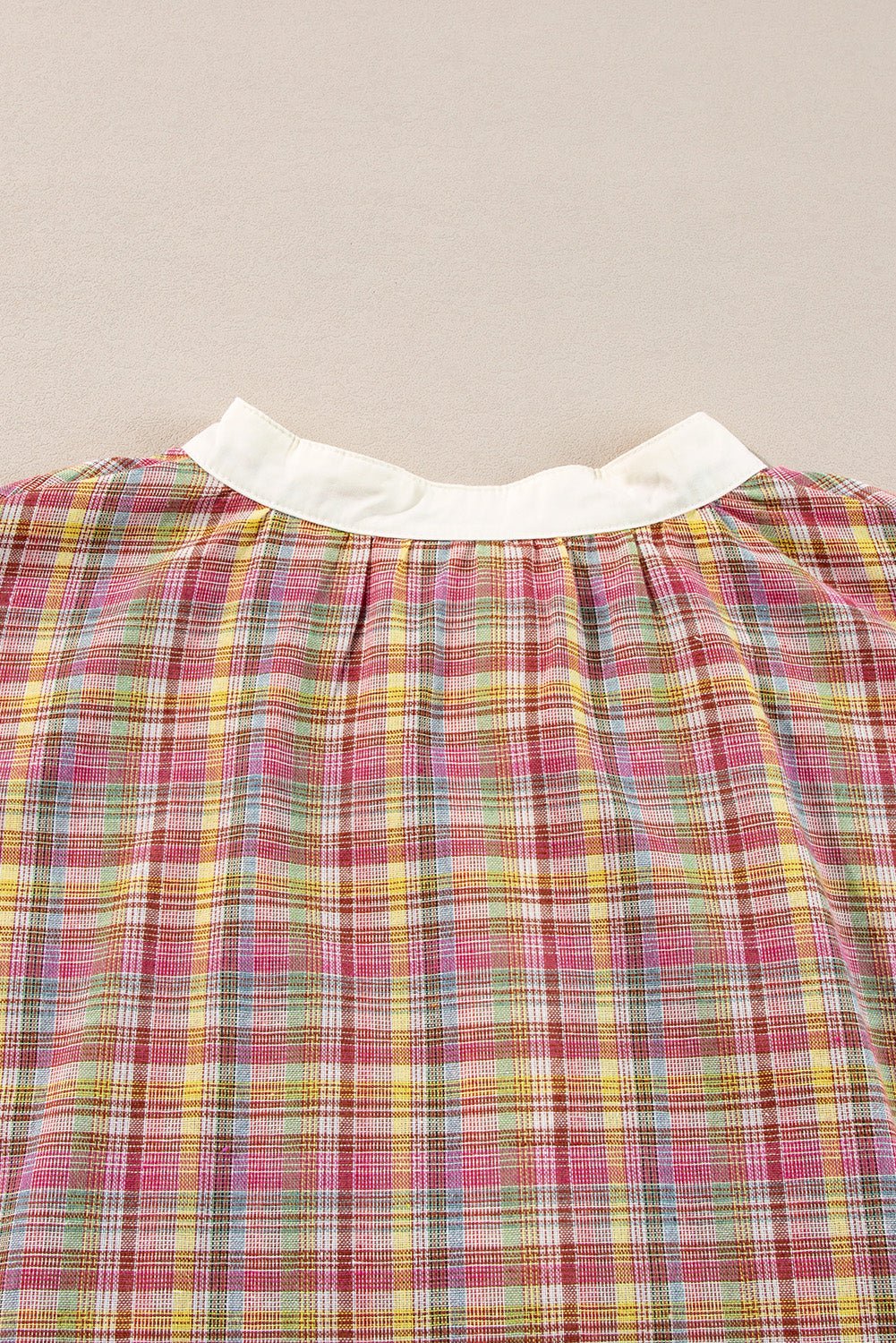 Pink Colorblock Plaid Patchwork Henley Blouse - Essential Retail Store