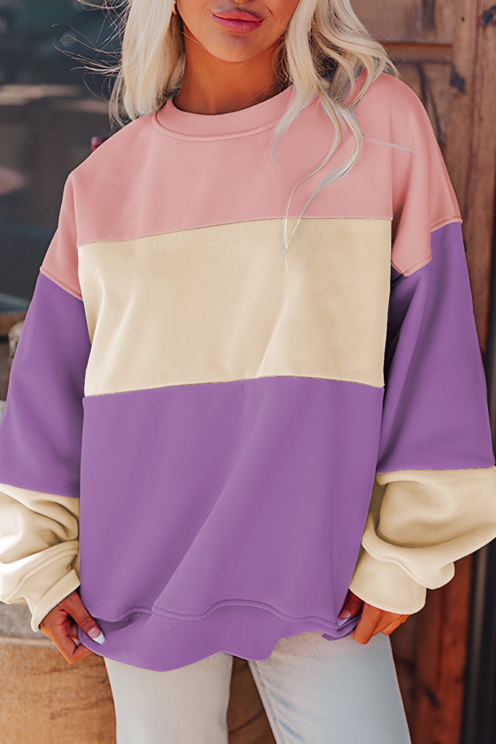 Meadow Mauve Colorblock Patchwork Drop Shoulder Sweatshirt - Essential Retail Store