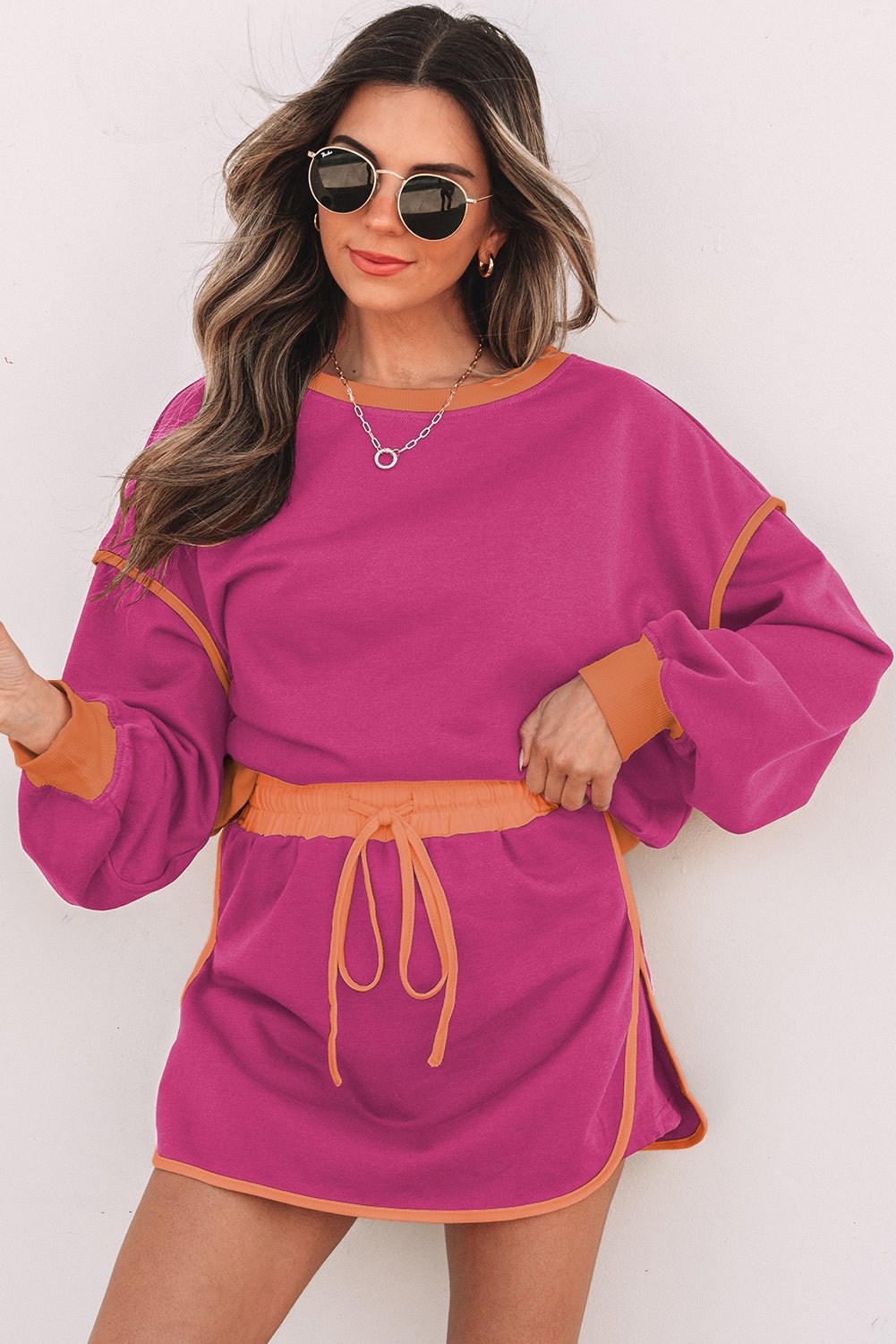 Evergreen Color Contrast Loose Pullover and Lace - up Waist Skort Set - Essential Retail Store