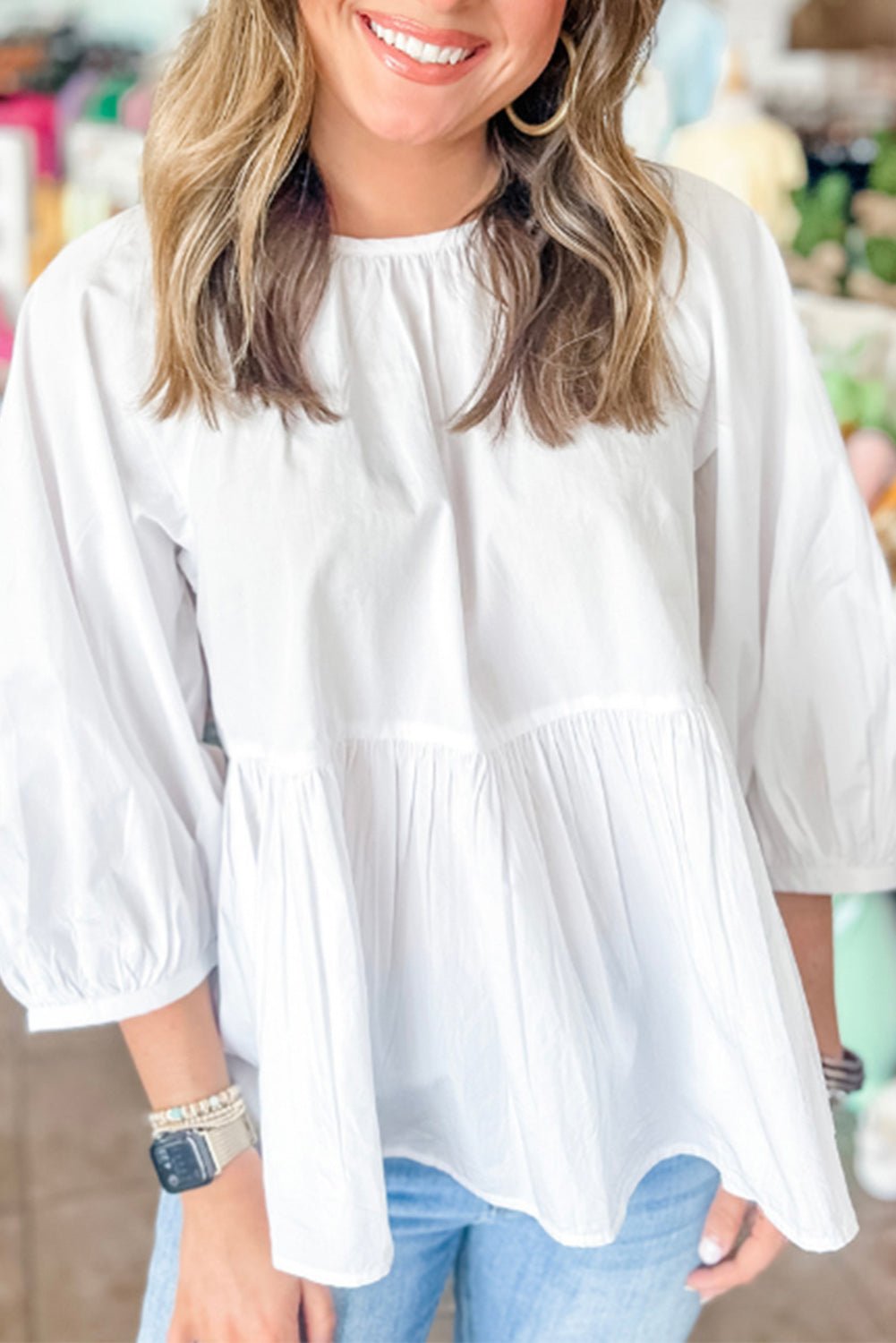 White Bow Knot Cutout Back Loose Fit 3/4 Sleeve Blouse - Essential Retail Store