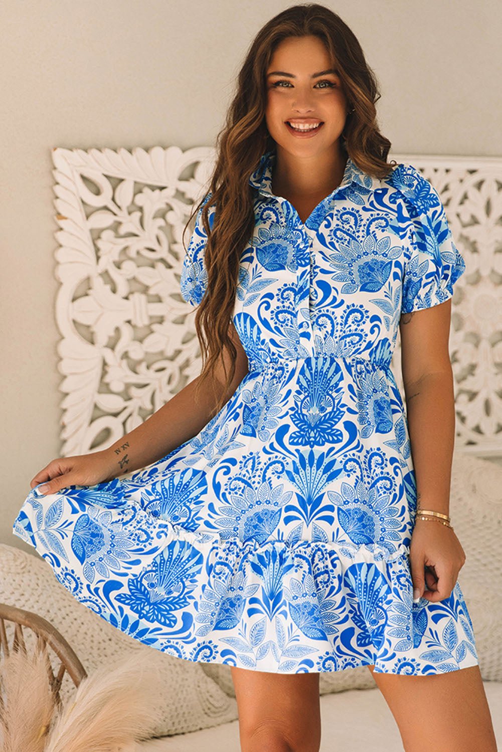 Sky Blue Retro Floral Print Drawstring Waist Ruffled Mini Dress - Essential Retail Store
