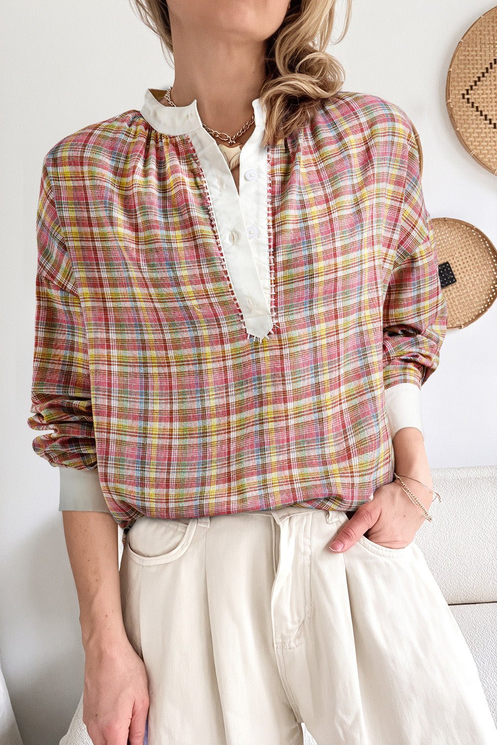 Pink Colorblock Plaid Patchwork Henley Blouse - Essential Retail Store