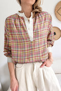 Pink Colorblock Plaid Patchwork Henley Blouse - Essential Retail Store