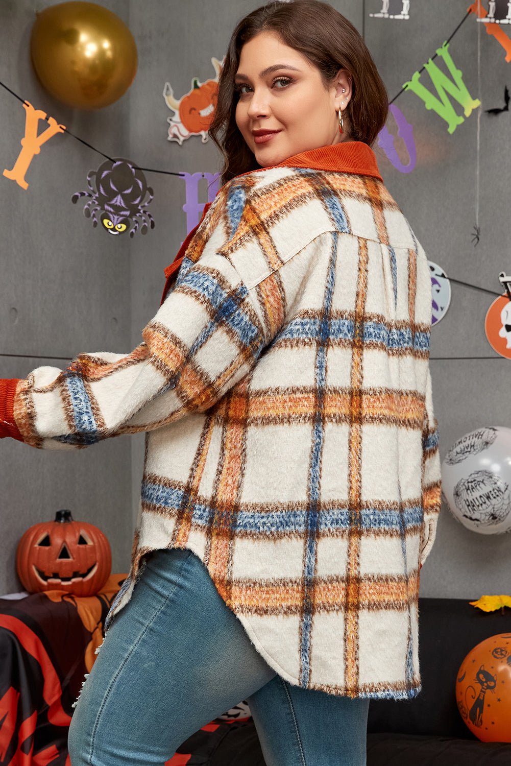 Brown Stripe Plus Size Plaid Print Collared Buttoned Jacket - Essential Retail Store