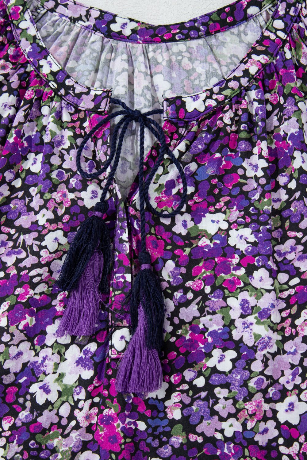 Purple Boho Flower Split V Neck Bubble Sleeve Blouse - Essential Retail Store