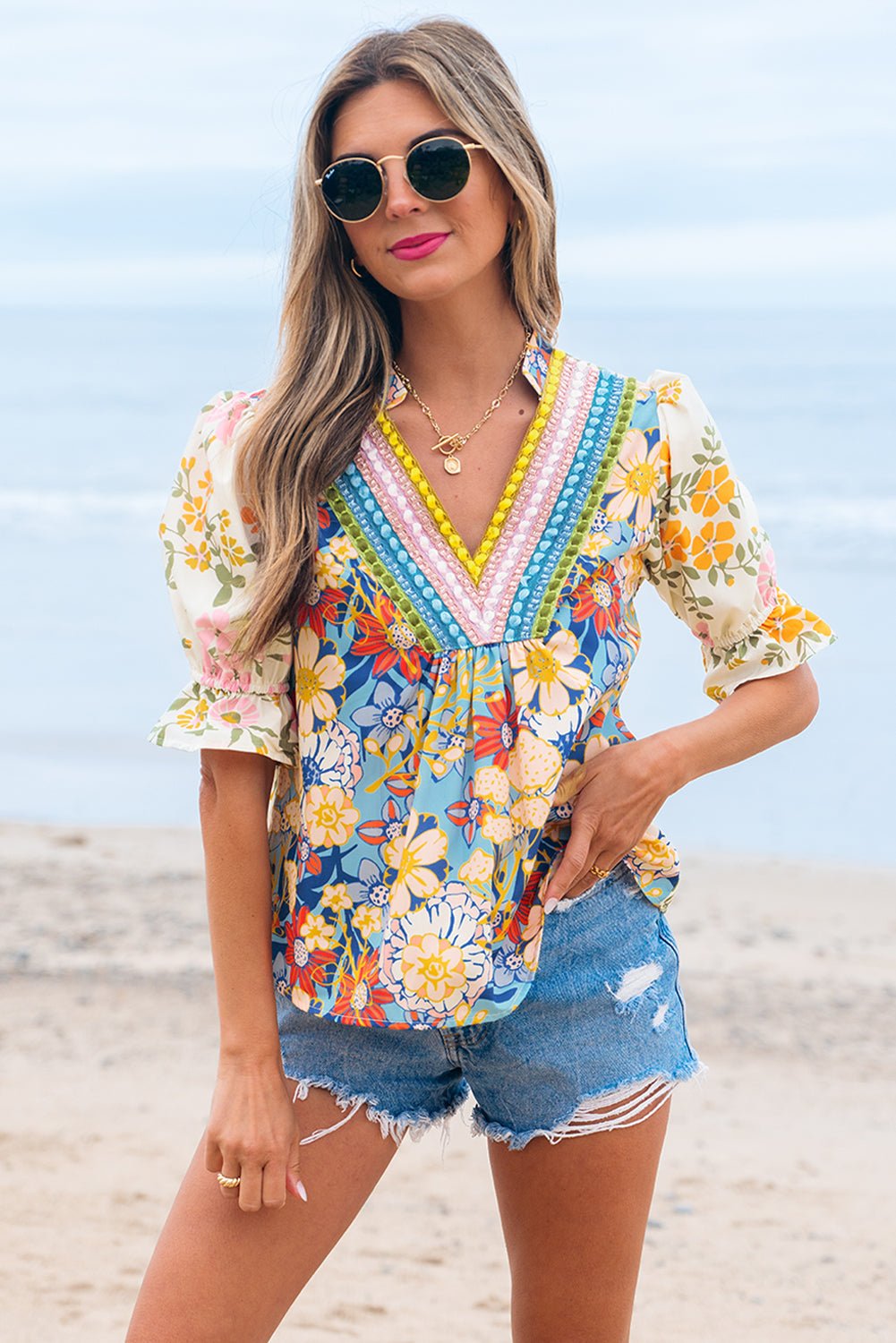 Multicolour Crochet V Neck Half Sleeve Boho Floral Blouse - Essential Retail Store