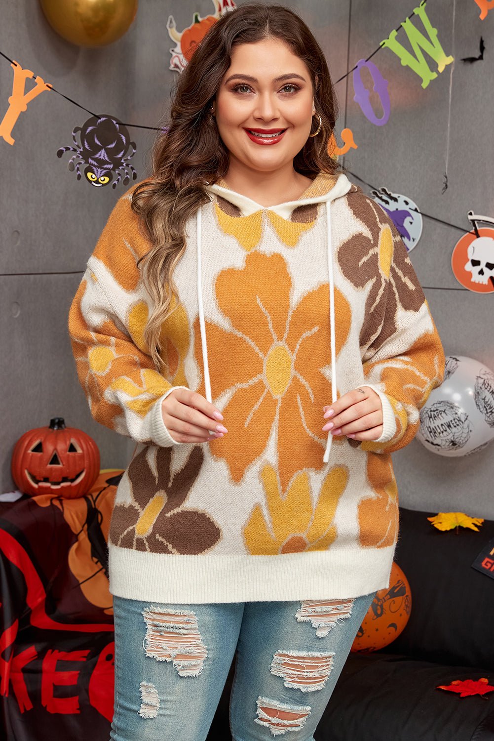 White Large Flower Knitted Drawstring Hooded Plus Size Sweater - Essential Retail Store