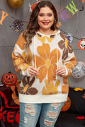 White Large Flower Knitted Drawstring Hooded Plus Size Sweater - Essential Retail Store