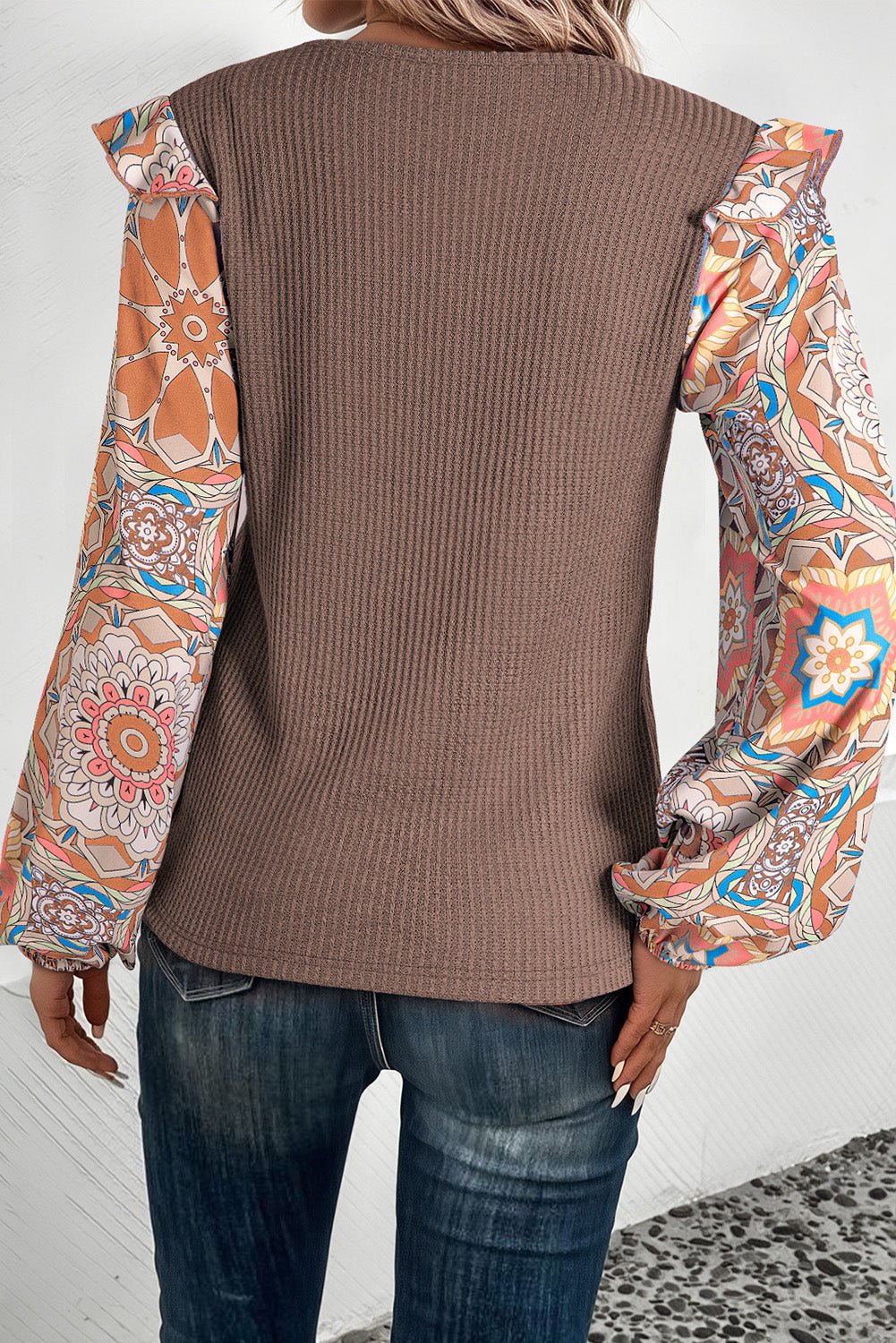 Ashleigh Blue Ruffled Floral Sleeve Patchwork Waffle Knit O Neck Blouse - Essential Retail Store