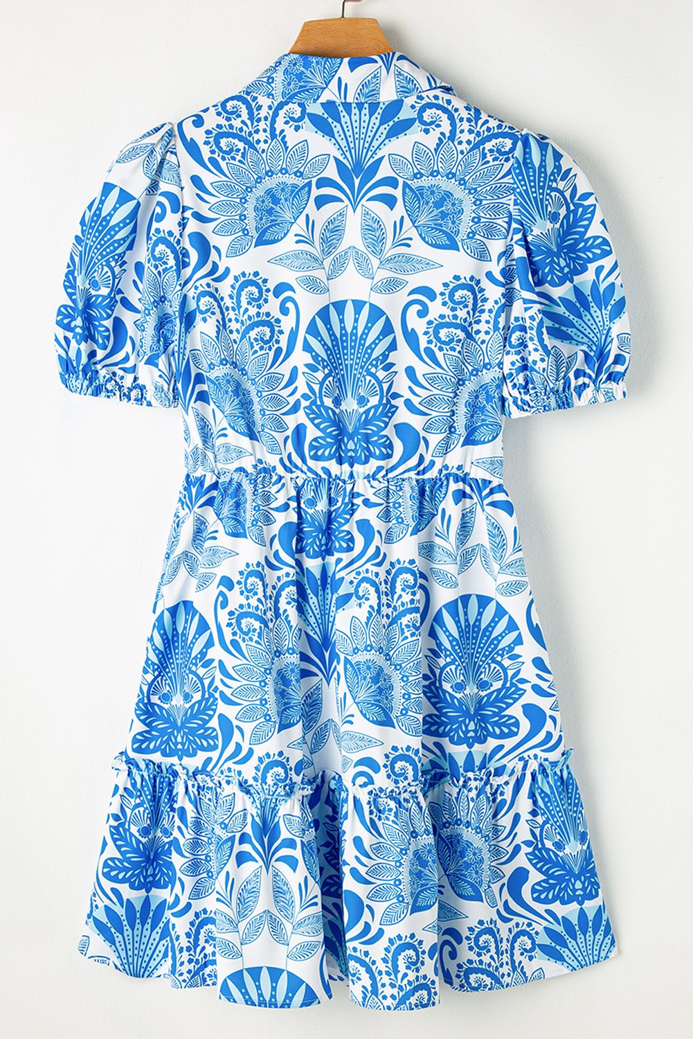 Sky Blue Retro Floral Print Drawstring Waist Ruffled Mini Dress - Essential Retail Store