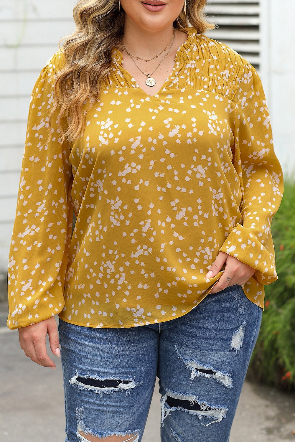 Yellow Plus Size Floral Print Ruched Split Neck Blouse - Essential Retail Store