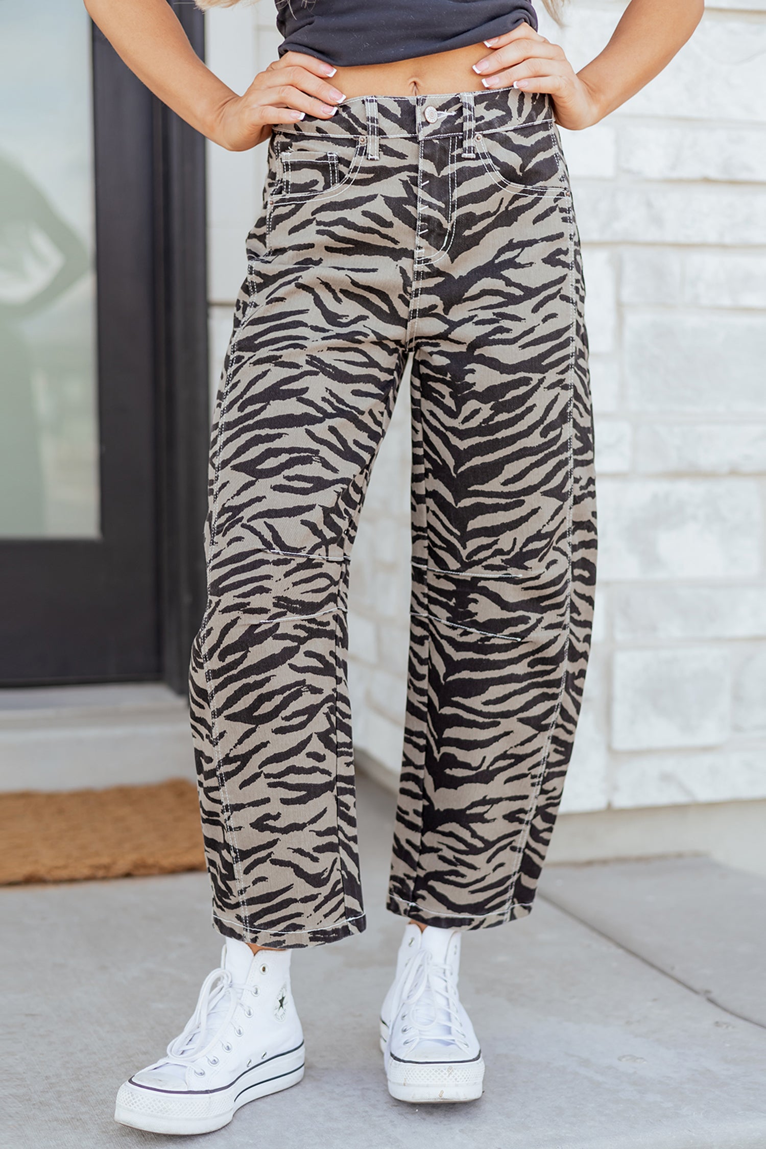 Gray Zebra Stripe Printed Wide Leg Barrel Jeans - Essential Retail Store