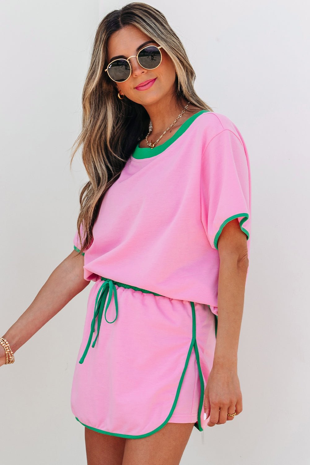 Turquoise Colorblock Edge Drop Shoulder T Shirt and Skort 2Pcs Set - Essential Retail Store
