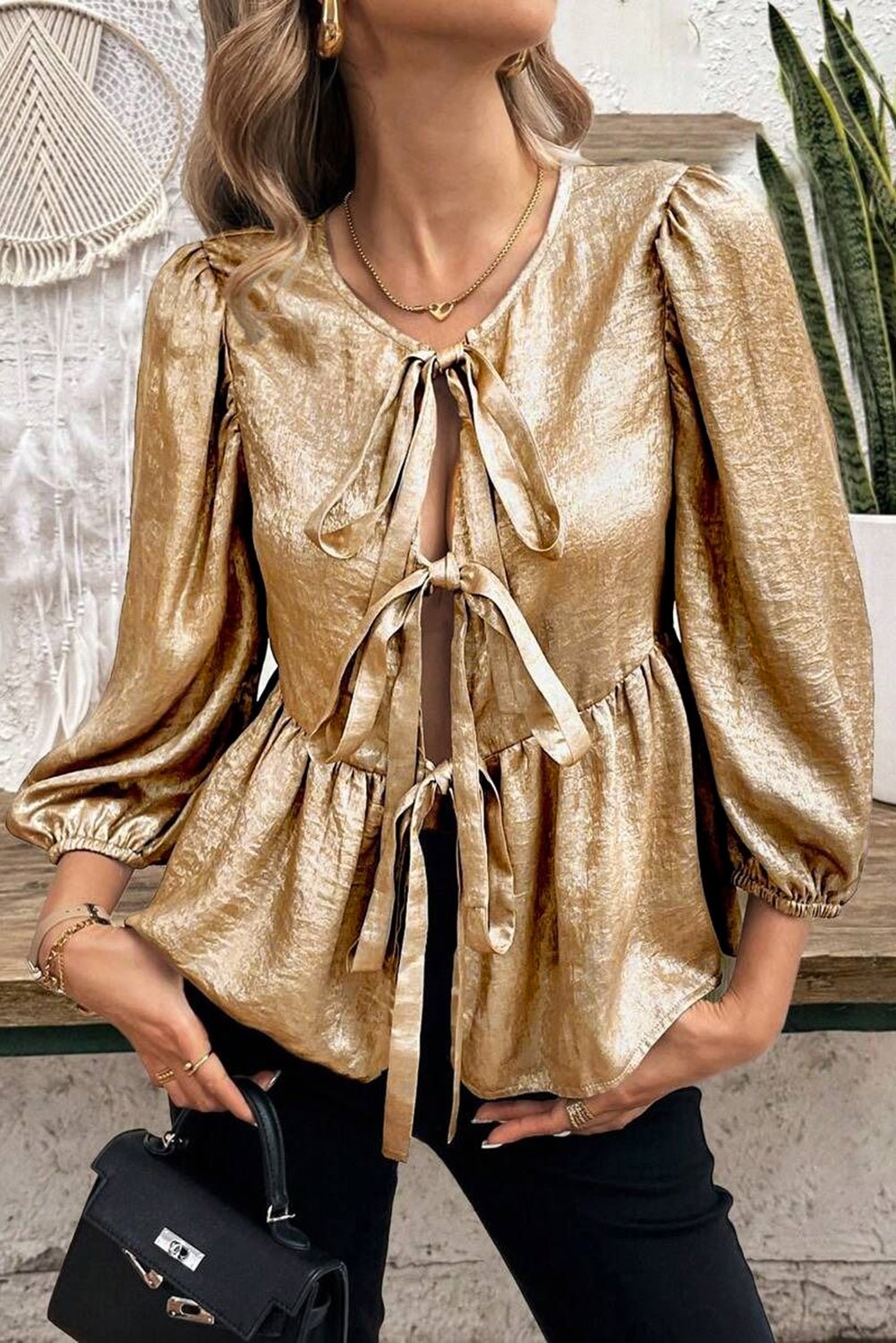 Gold Bow Tie Front Puff 3/4 Sleeve Ruffle Hem Blouse - Essential Retail Store