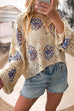 Women Flower Print Eyelet Drop Shoulder Sweater