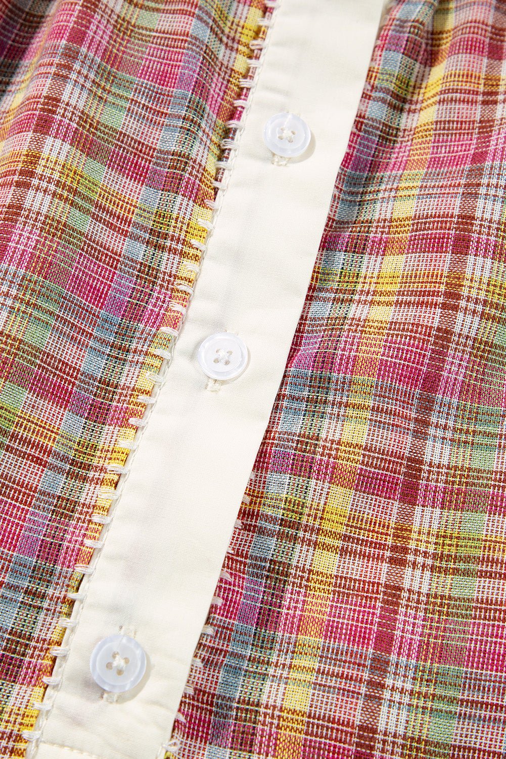 Pink Colorblock Plaid Patchwork Henley Blouse - Essential Retail Store