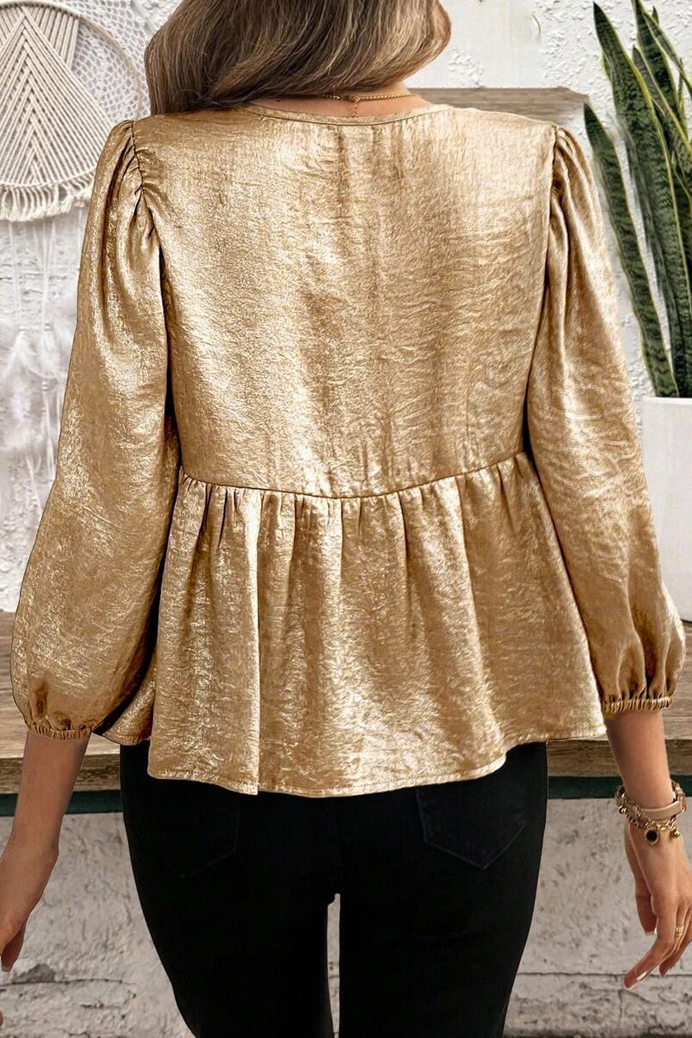 Gold Bow Tie Front Puff 3/4 Sleeve Ruffle Hem Blouse - Essential Retail Store