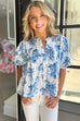 Sky Blue Floral Print Puff Sleeve Pleated Shirt