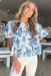 Sky Blue Floral Print Puff Sleeve Pleated Shirt