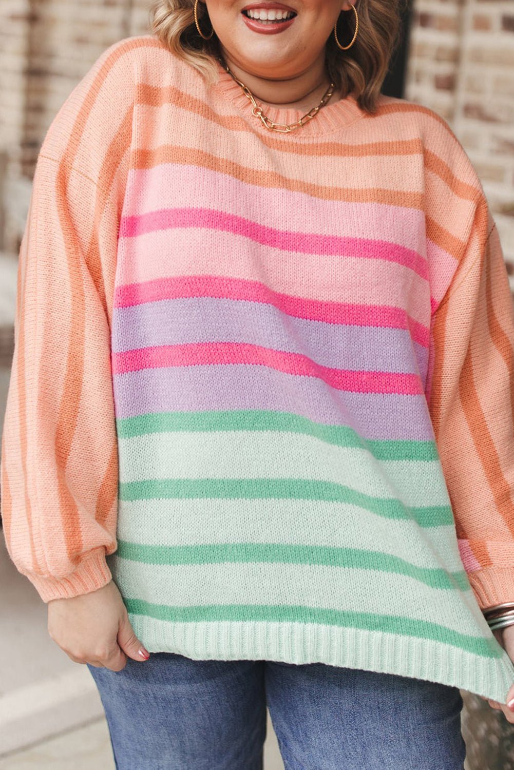 Pink Stripe Color Block Balloon Sleeve Crewneck Plus Size Sweater - Essential Retail Store