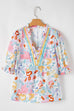 Boho Flower Print Frill Neck Puff Sleeve Blouse