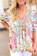 Boho Flower Print Frill Neck Puff Sleeve Blouse