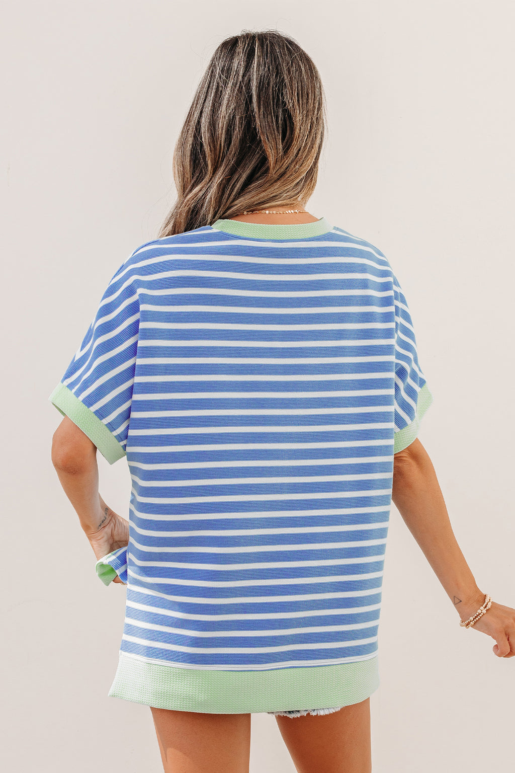 Sky Blue Stripe Contrast Trim Loose Short Sleeve Top - Essential Retail Store
