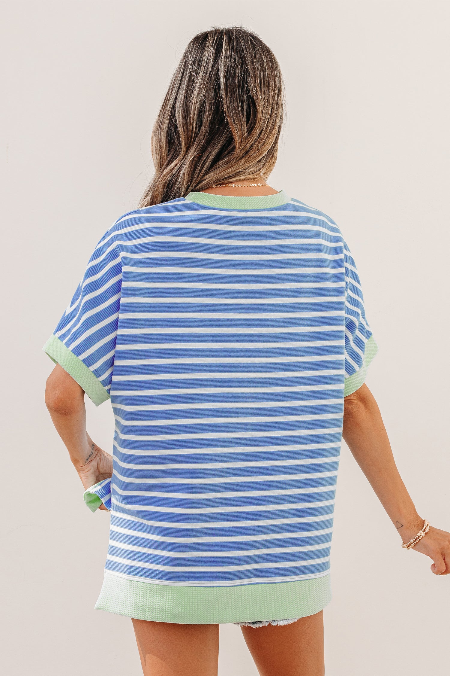 Sky Blue Stripe Contrast Trim Loose Short Sleeve Top - Essential Retail Store