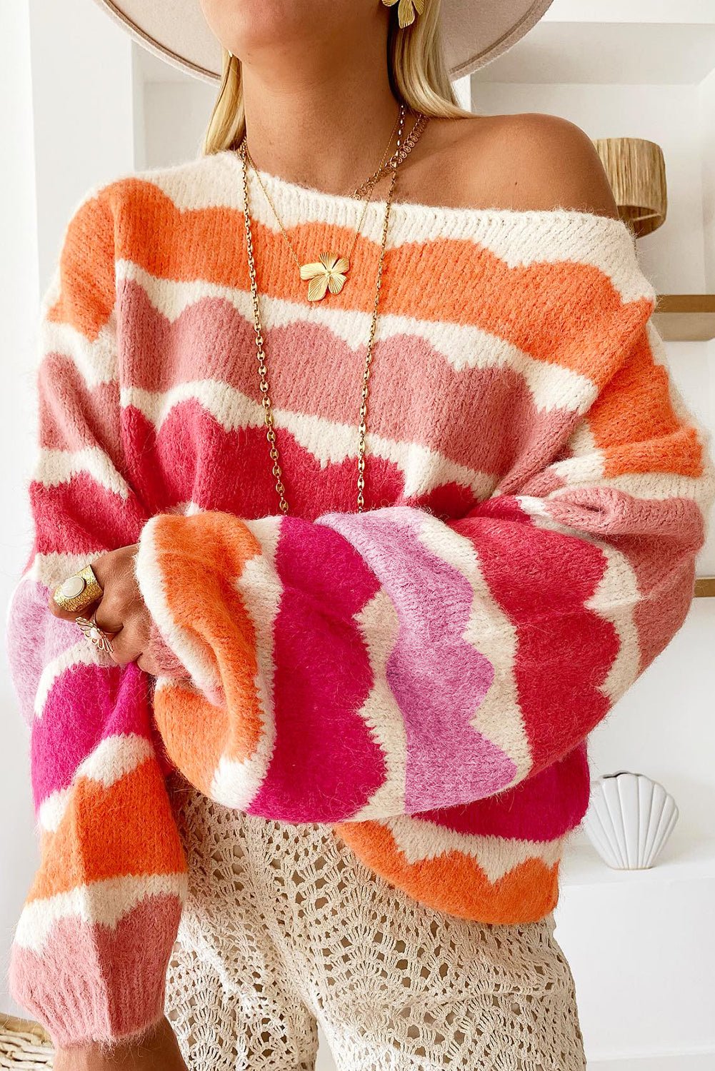 Rose Red Wave Striped Balloon Sleeve Drop Shoulder Sweater - Essential Retail Store